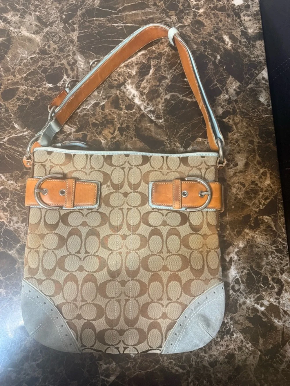 Coach Soho Signature Shoulder Bag Y2K 2006 Buckle Canvas Blue Trim